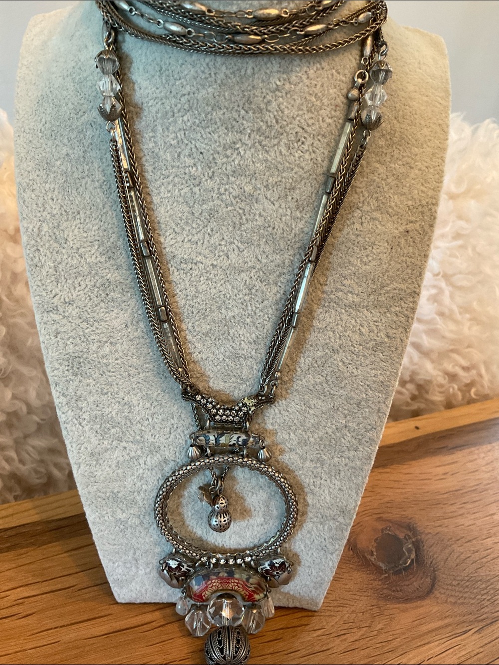 Ayala Bar Necklace Mixed Media Pendant Crystal Beads And Glass Tiles Silver Tone
